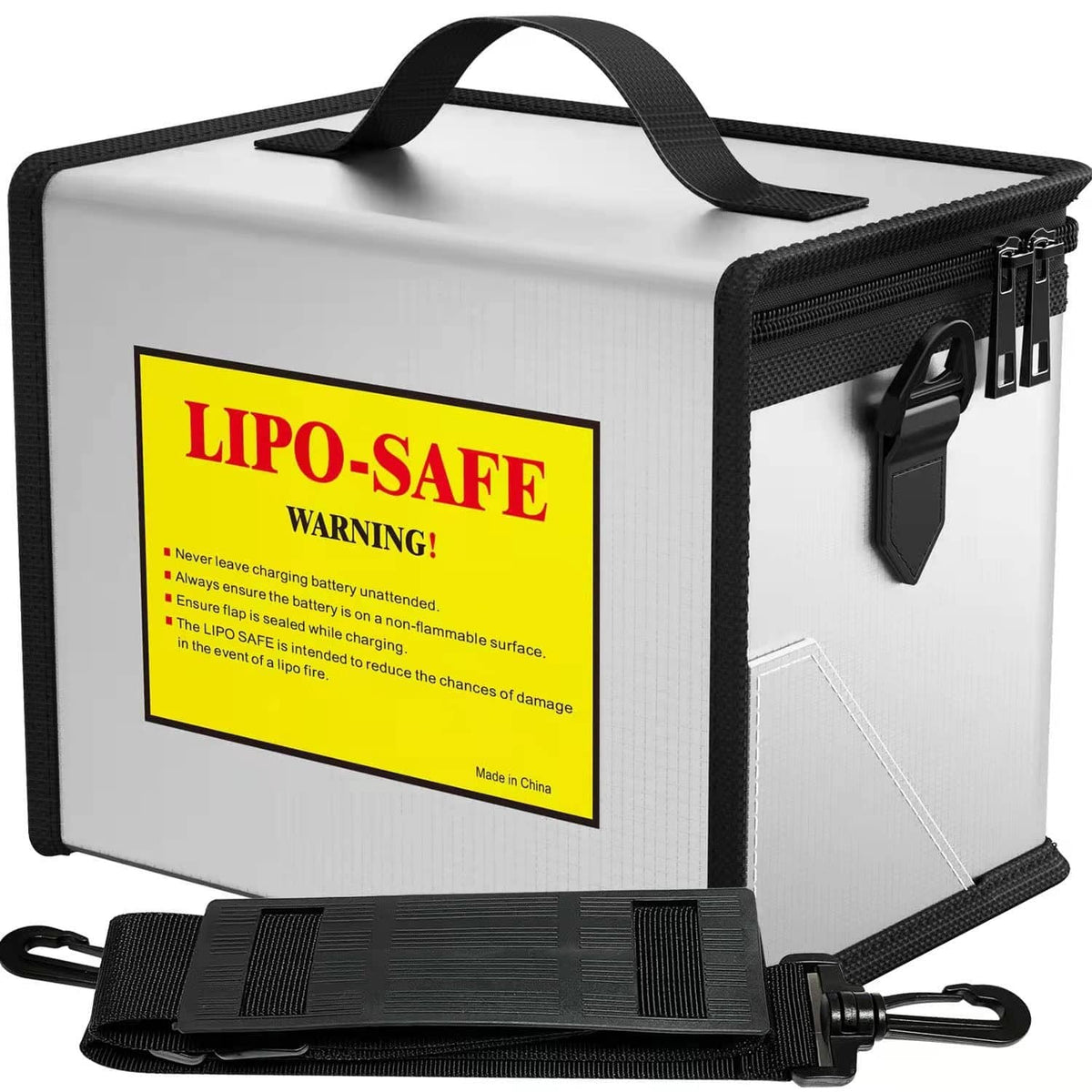 Colcase Lipo Guard lipo-safe storage bag with yellow warning label and front latch