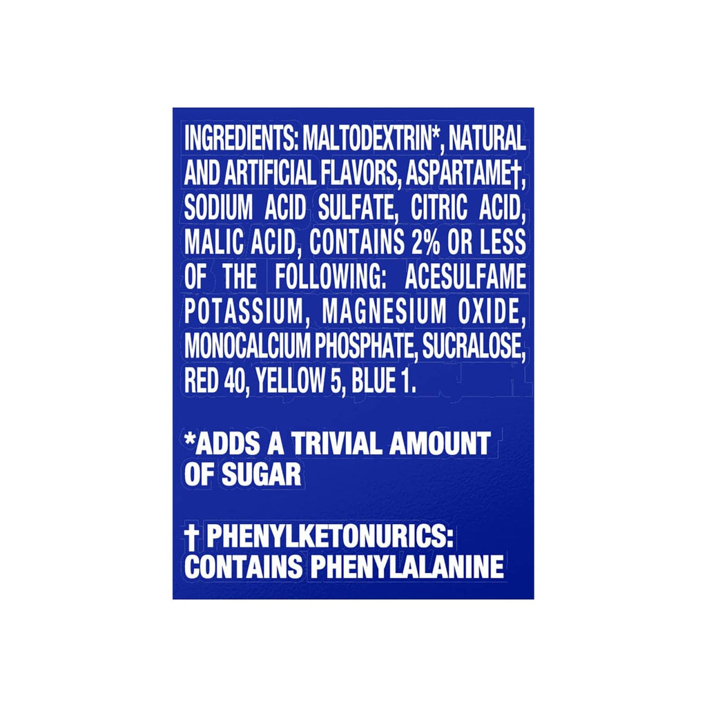 Dad's root beer sugar free drink mix ingredient panel, blue label with ingredient list