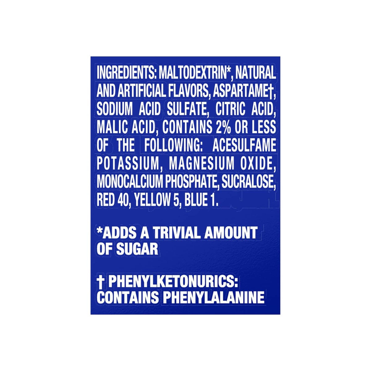 Dad's root beer sugar free drink mix ingredient panel, blue label with ingredient list