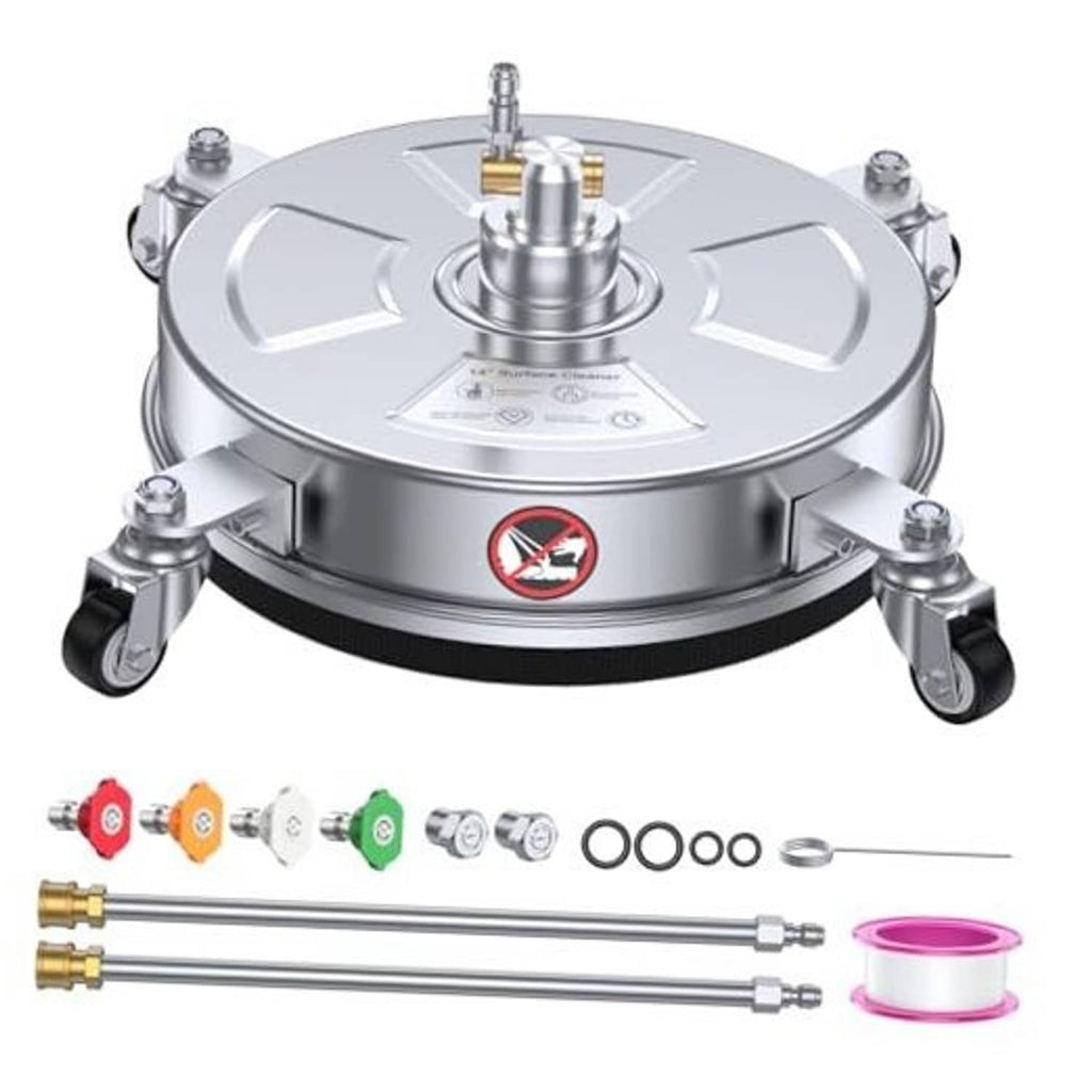 14 in pressure washer surface cleaner, stainless steel head with caster wheels and wand nozzle