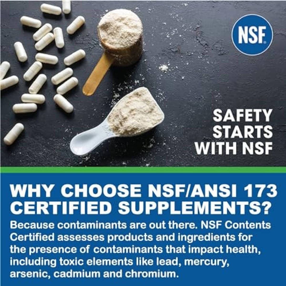 NSF safety starts with NSF promotional graphic with supplement certification text