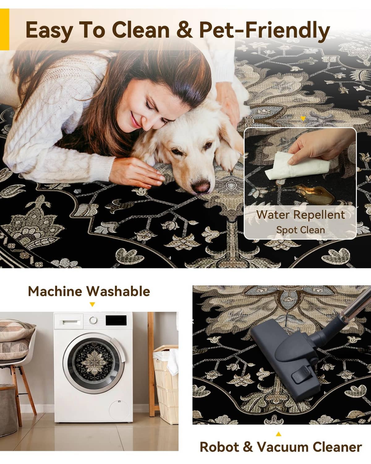 Round black patterned rug shown with pet and spot-cleaning hand scene