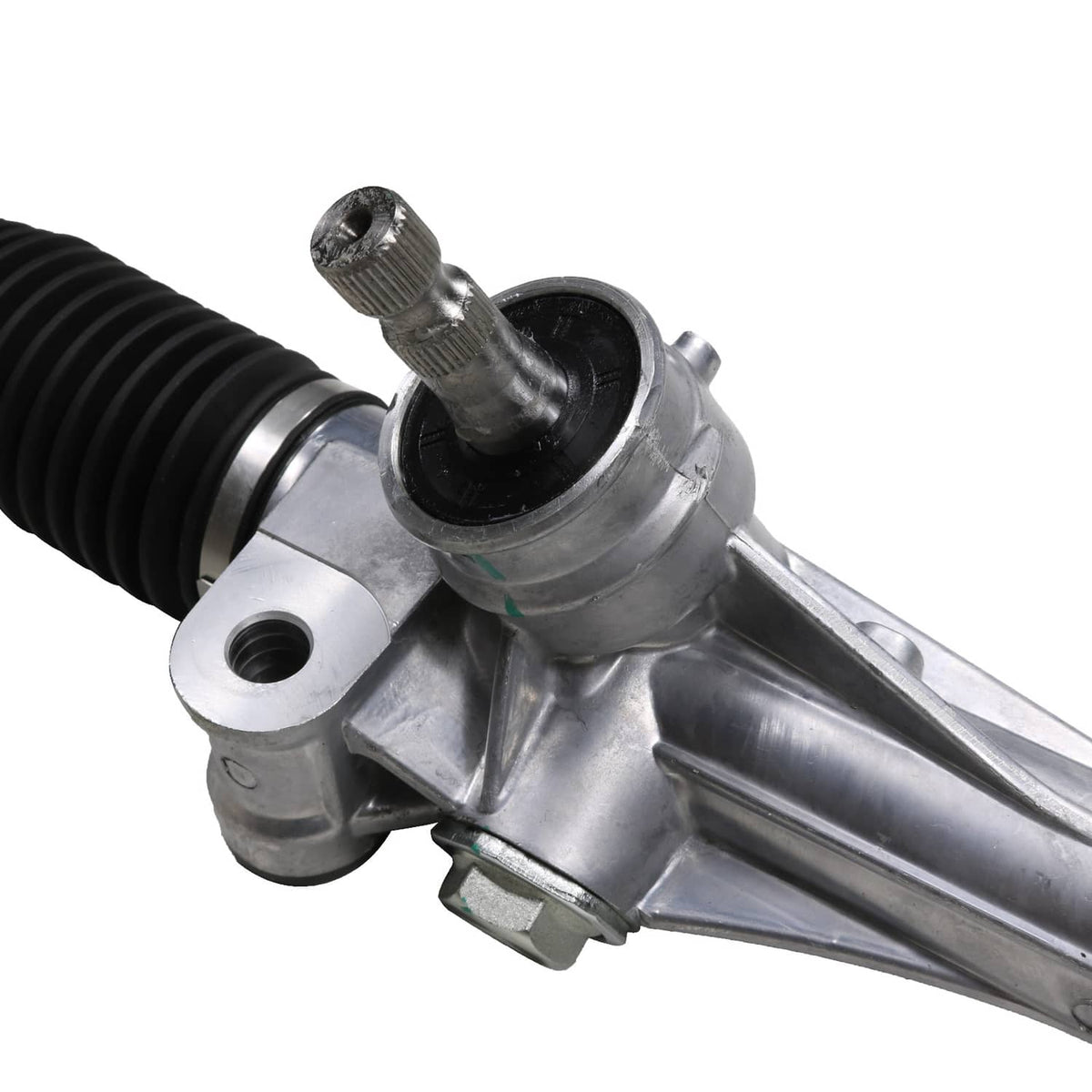 Power steering rack joint with black boot, silver housing, and side mounting bracket