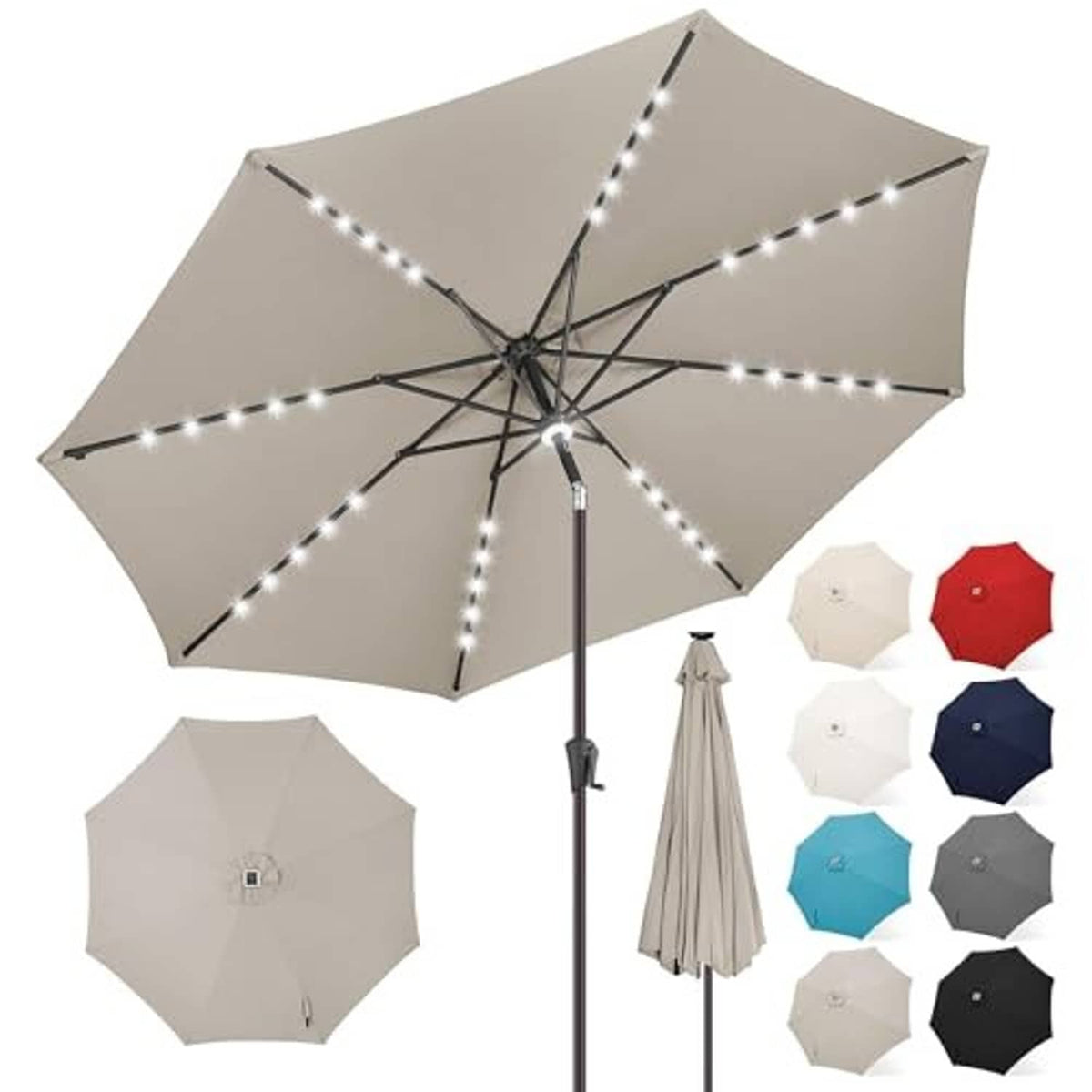 Taupe 9 ft patio umbrella with center light, white LED strips, and color options