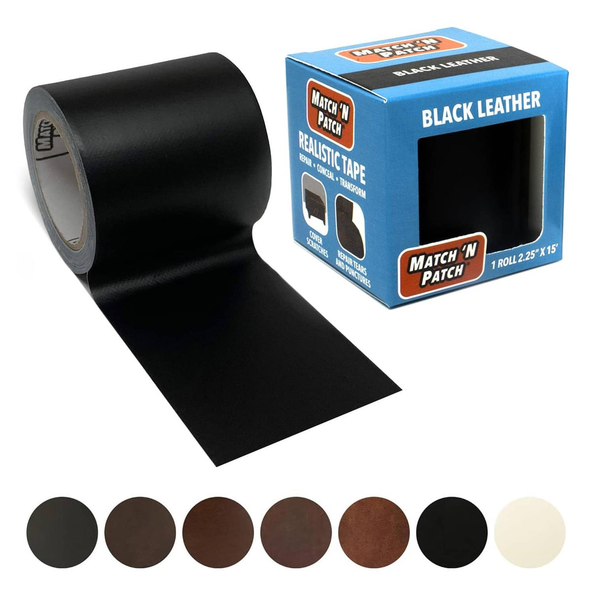 Match 'N Patch realistic leather repair tape roll, black leather color, with boxed kit.