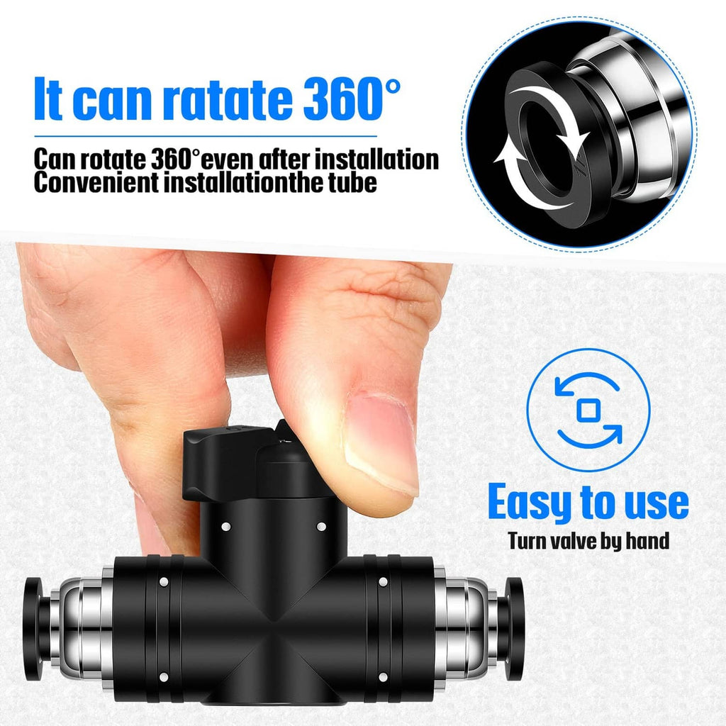 Black pneumatic push-to-connect valve fitting, shown for 360° rotation use