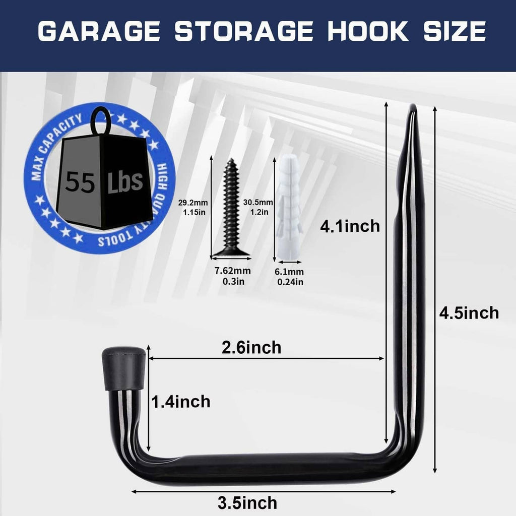 Black garage storage U-hook set with rubber-wrapped ends for heavy items
