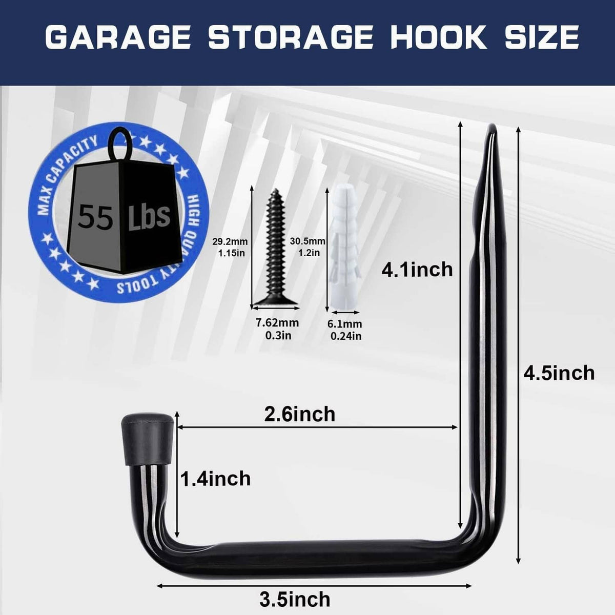 Black garage storage U-hook set with rubber-wrapped ends for heavy items