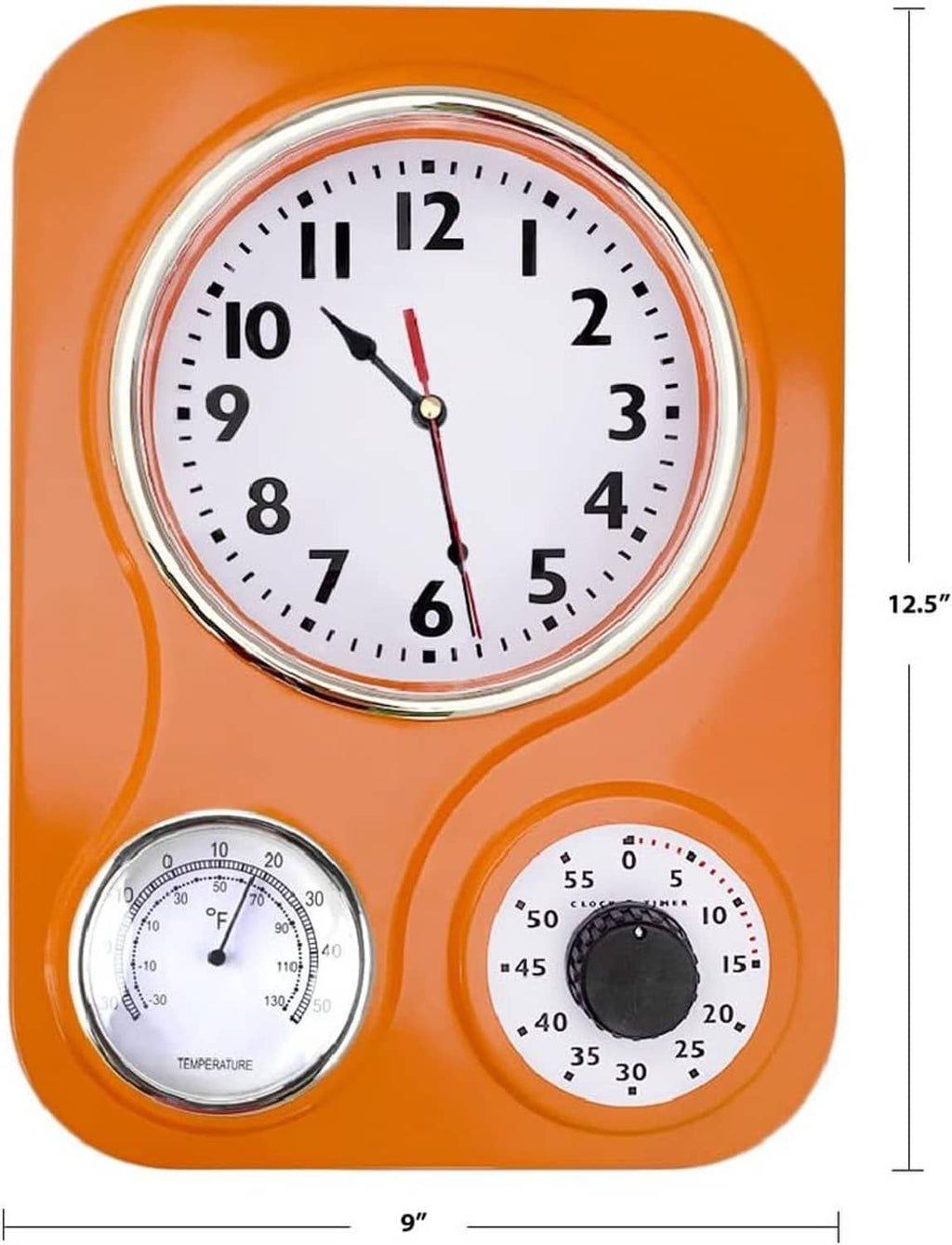 Orange retro kitchen wall clock with analog time, thermometer, humidity dials; size marks
