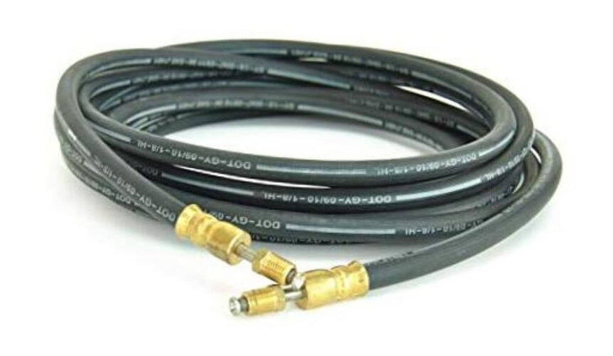 Flexible black rubber brake hose with male inverted flare brass fittings, coiled bundle