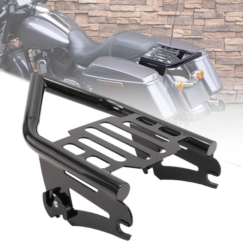 Black metal detachable luggage rack for motorcycle, with slotted platform and mounting brackets