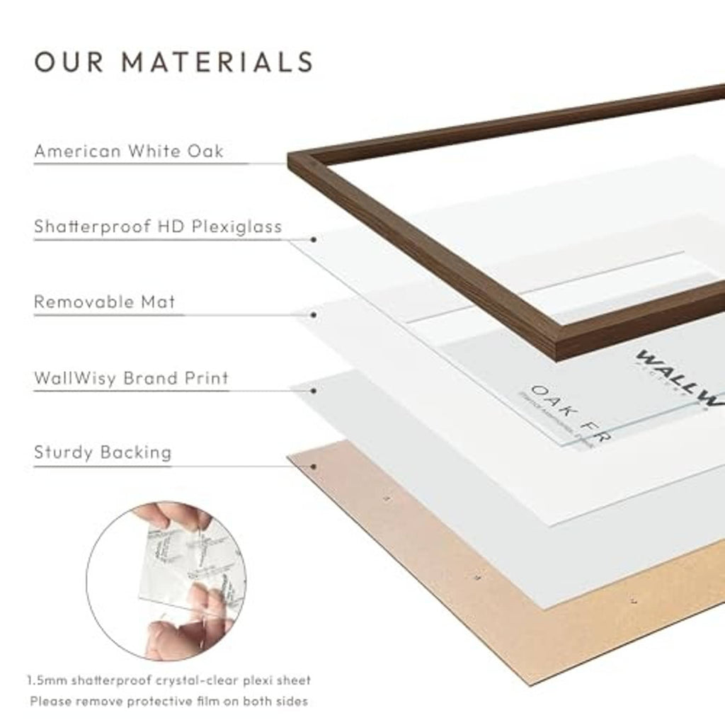 Walnut oak photo frame materials layout with removable mat and HD plexiglass