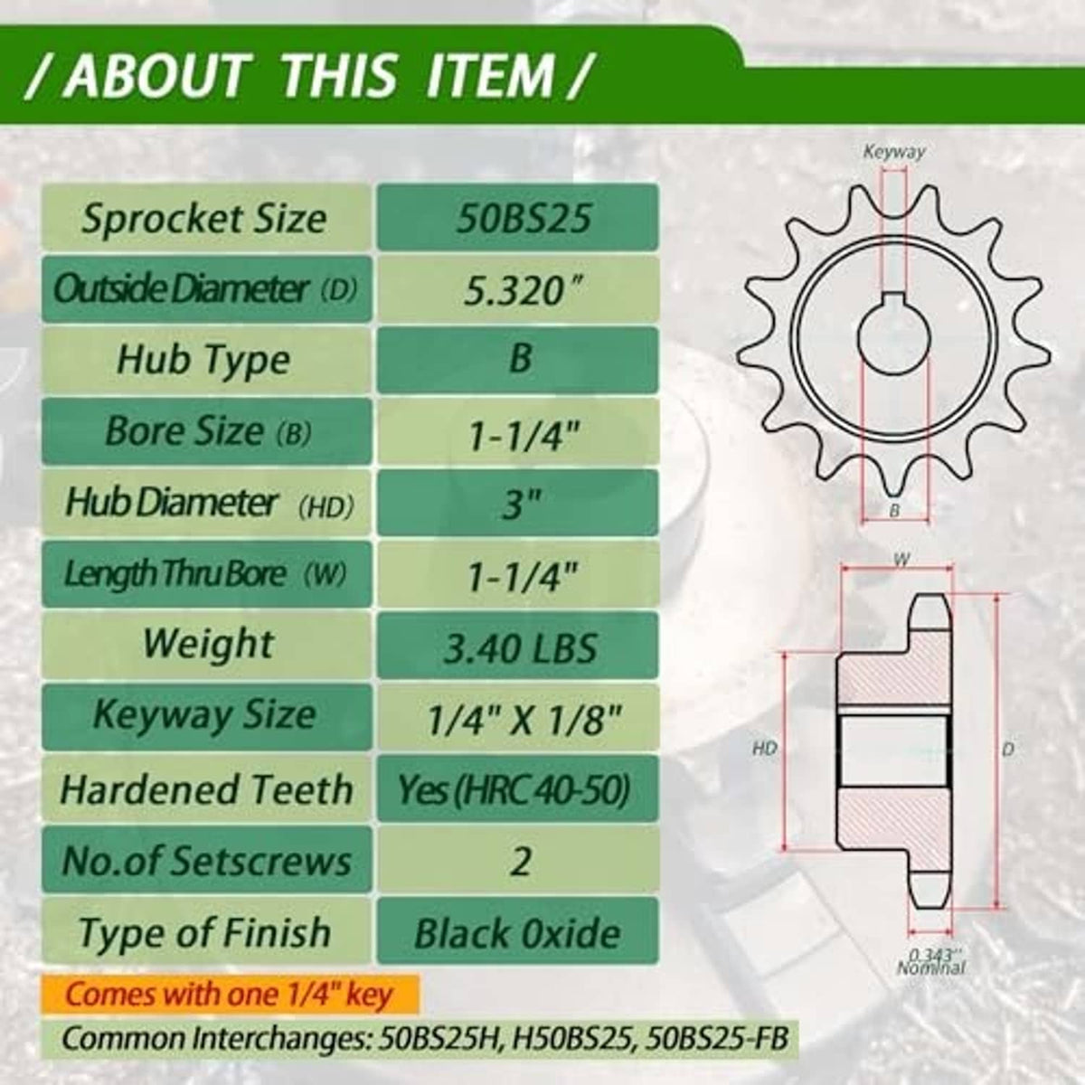 Roller chain sprocket specs graphic for 25T, 1-1/4 in bore and keyway dimensions