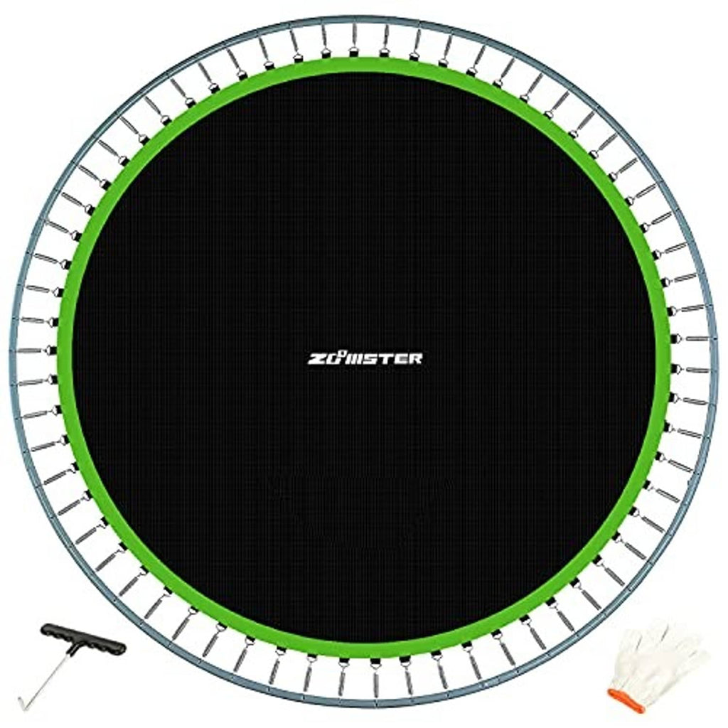 Round black trampoline jumping mat with bright green trim and spring loops along edge