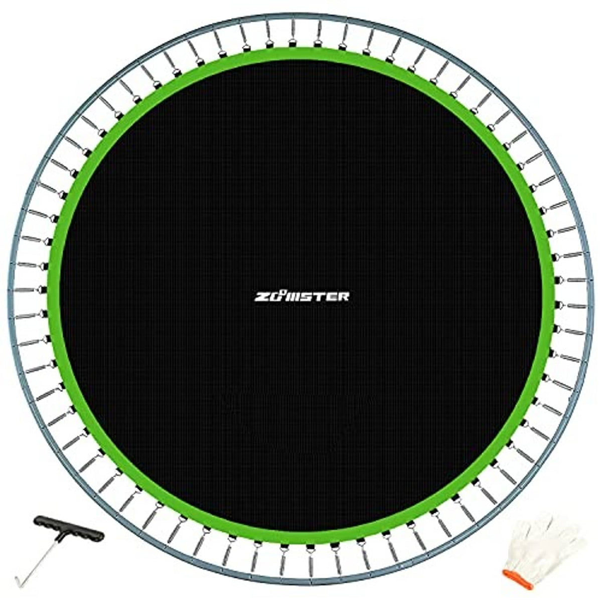 Round black trampoline jumping mat with bright green trim and spring loops along edge