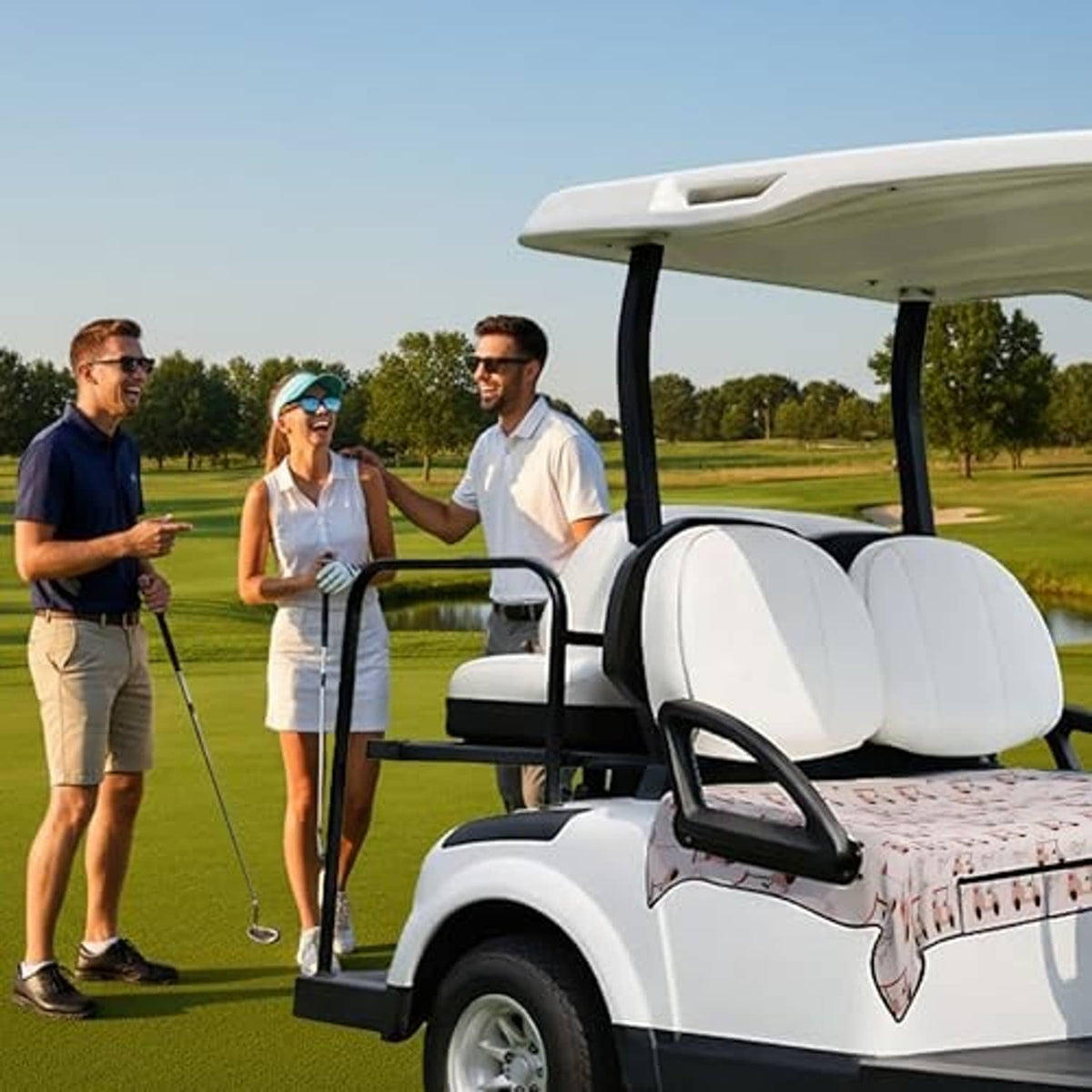 Pink patterned golf cart seat cover on the front bench with black armrests