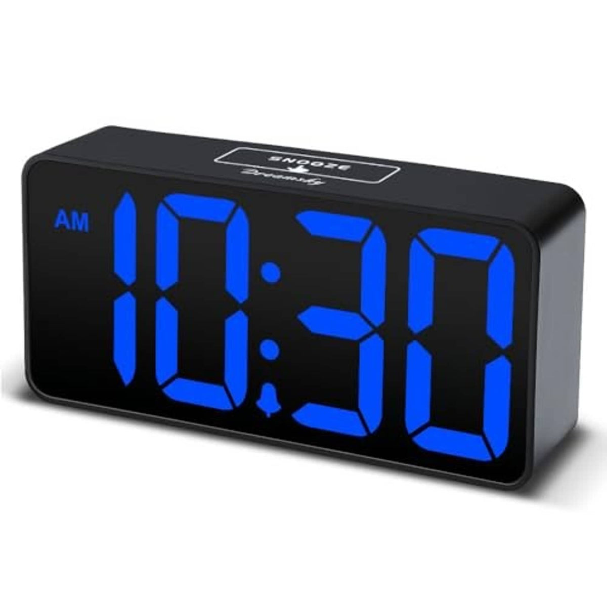 Compact digital alarm clock with large blue LED time display and AM indicator