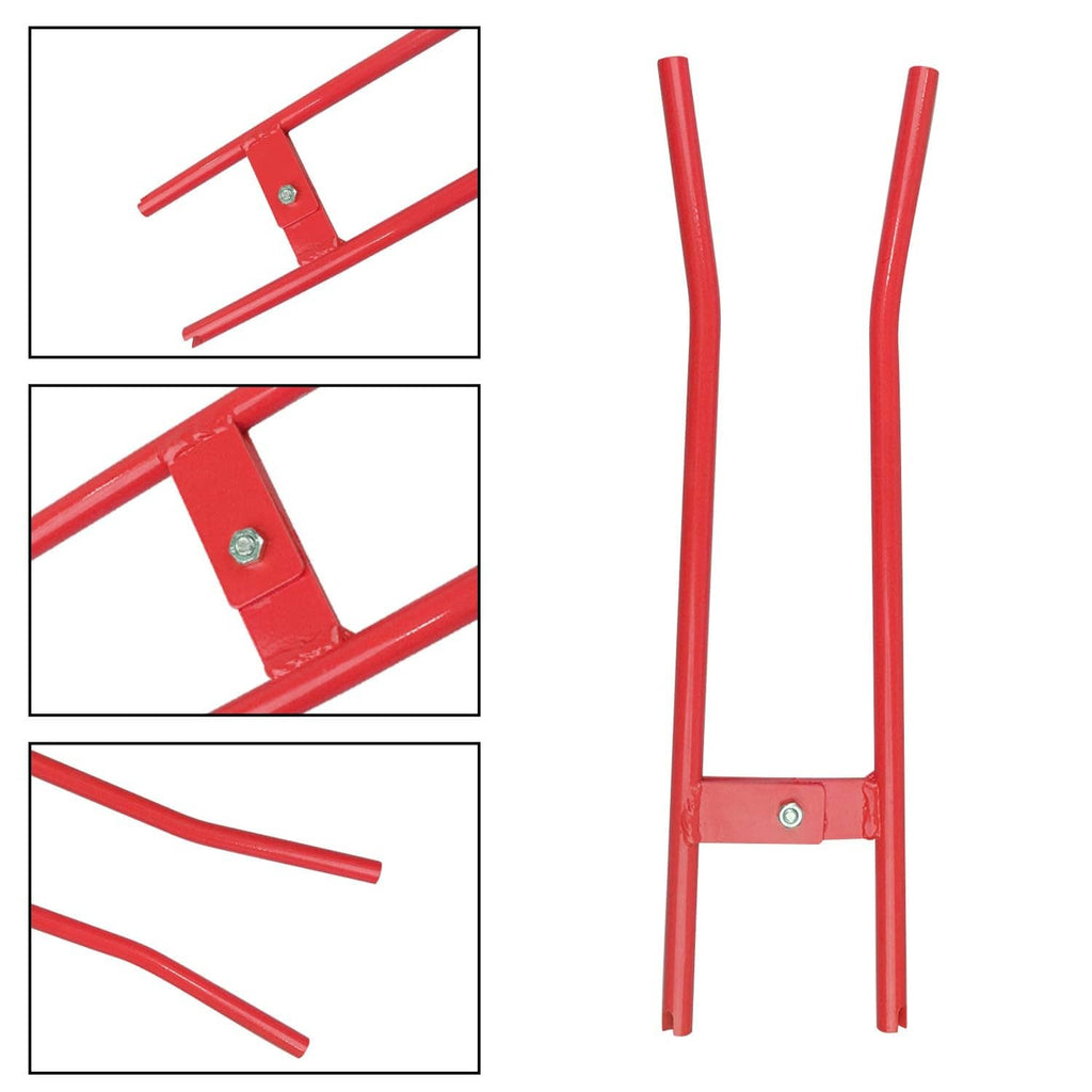 Red truck brake spring tool with U-shaped arms and cross clamp