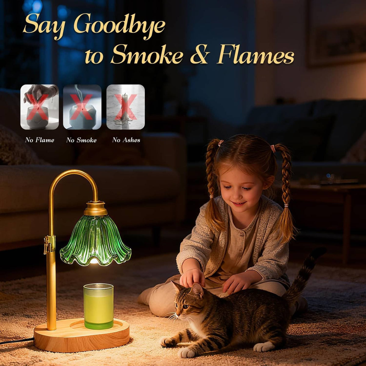 Green flower glass candle warmer lamp with brass stand on wooden base beside a candle