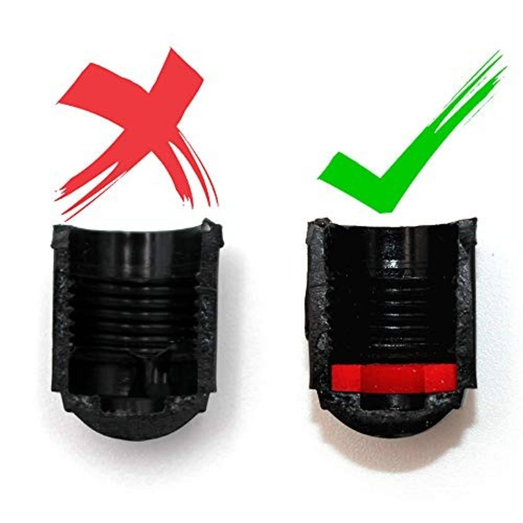Back view of black tire valve stem caps with red sealing ring detail