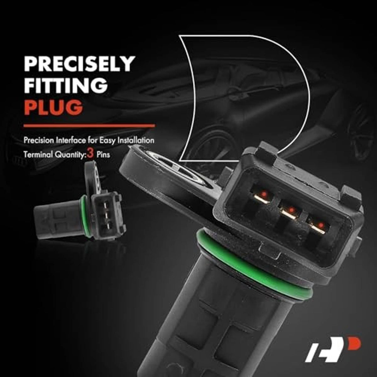 Camshaft position sensor with precisely fitting 3-pin plug and green sealing ring