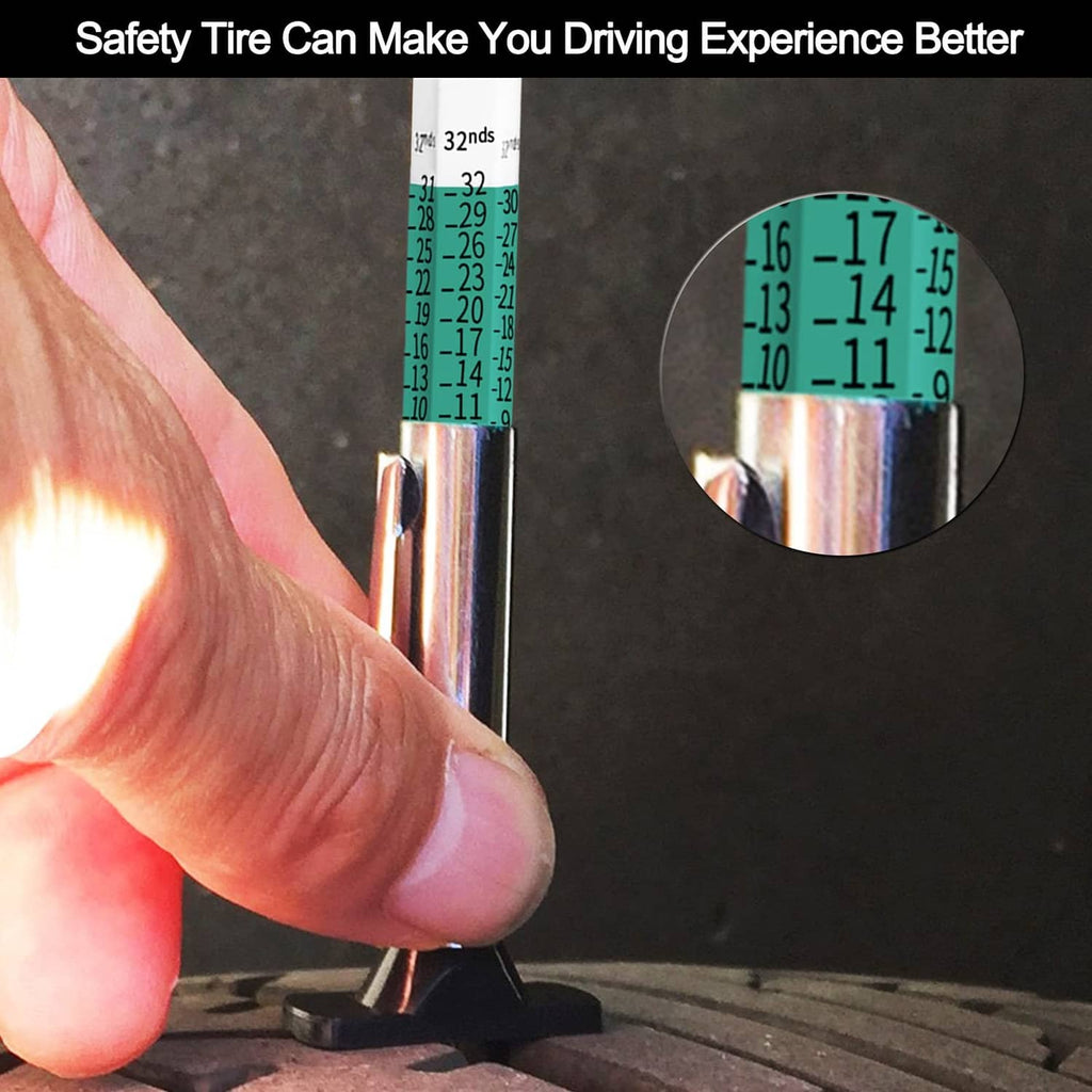 Tire tread depth gauge in use, with magnified scale view and colored markings