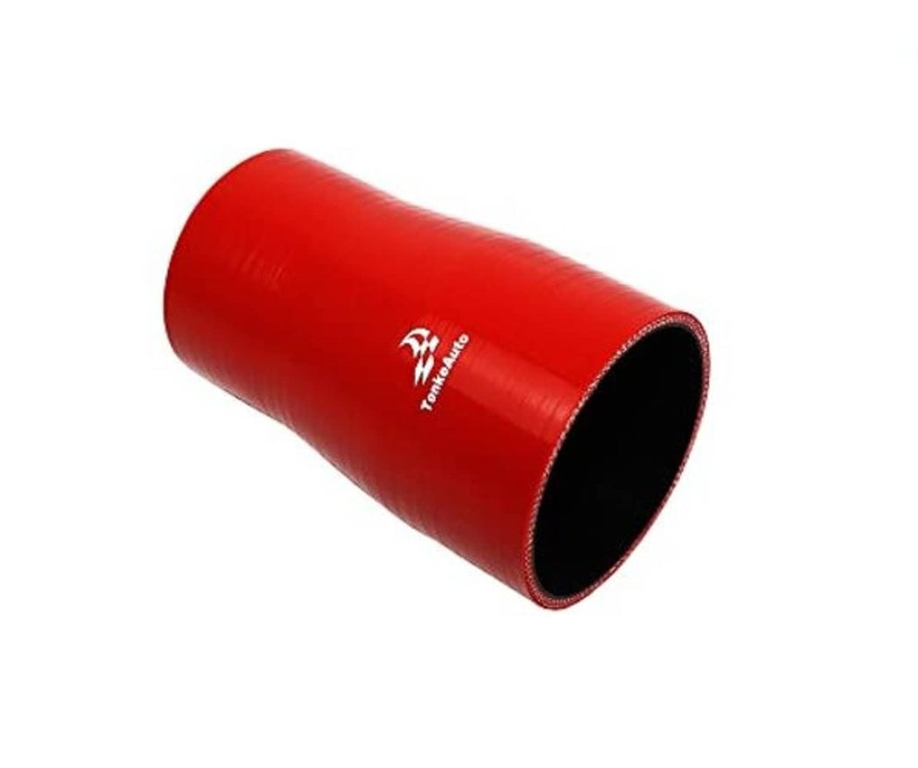 Red silicone straight hose reducer coupler with black inner opening, angled view