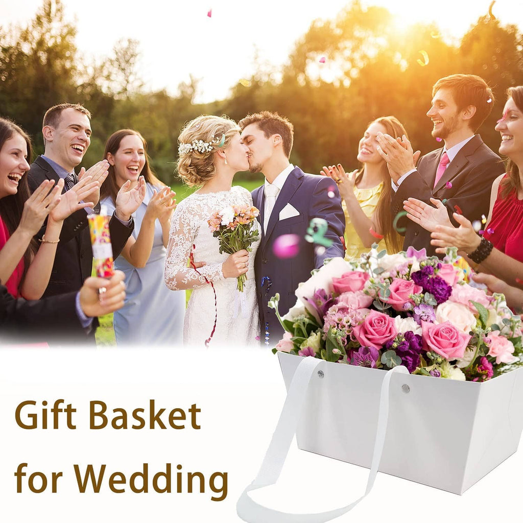 White gift basket filled with pink and purple flowers
