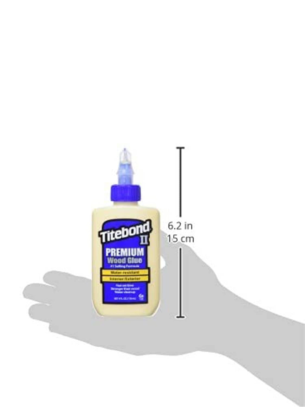 Titebond II premium wood glue bottle size shown with 6.2 in height