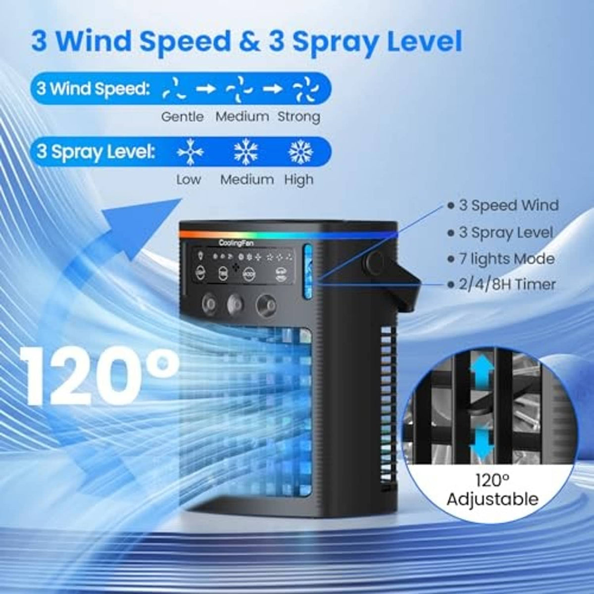 Black portable air cooler showing side air outlets and front control buttons