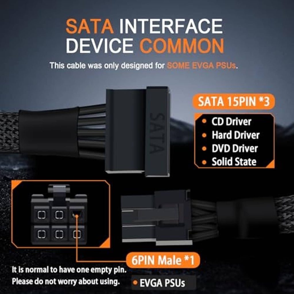 SATA power adapter splitter cable with 15-pin x3 output split and 6-pin input