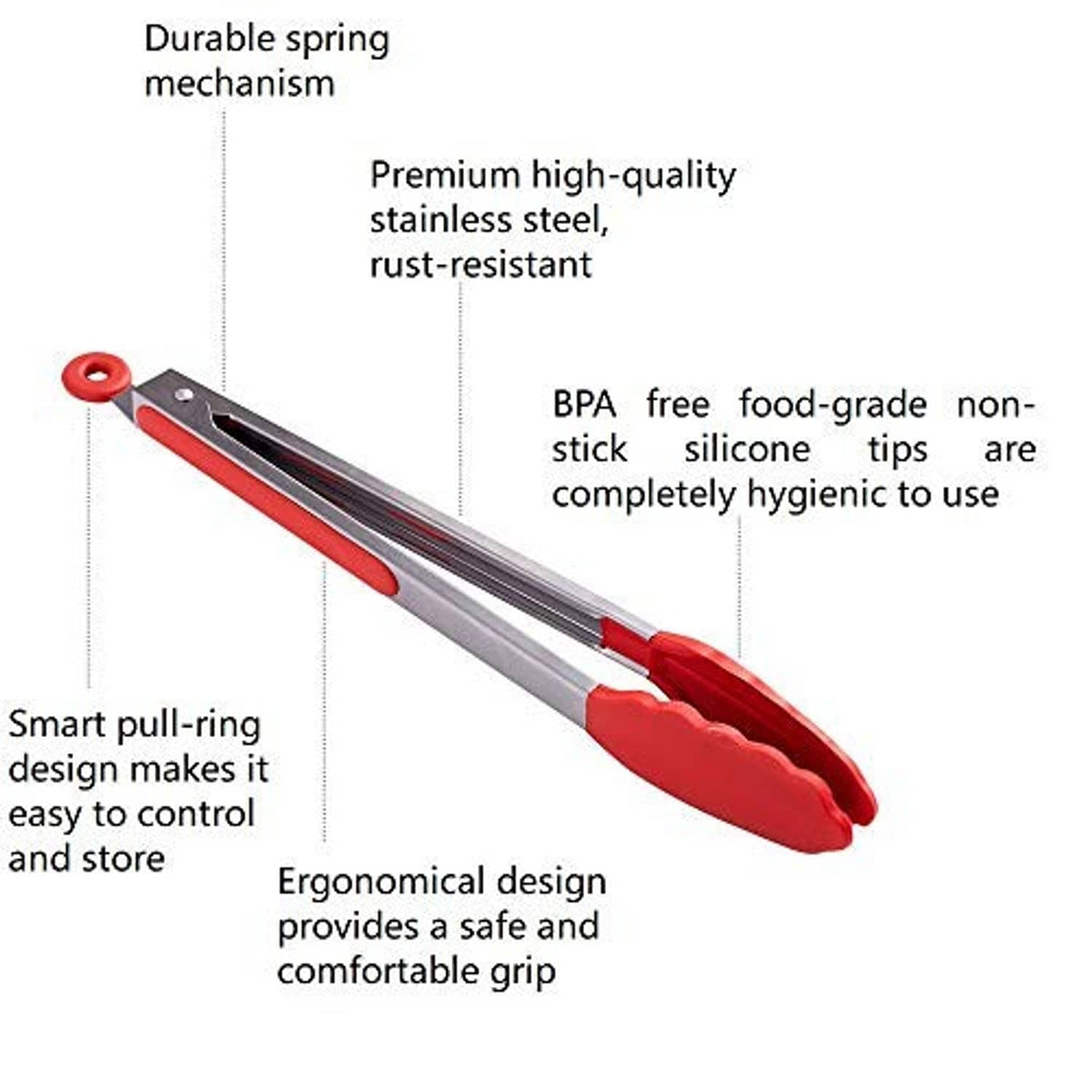 Stainless steel tongs with red silicone tips and ergonomic red grips, spring mechanism.