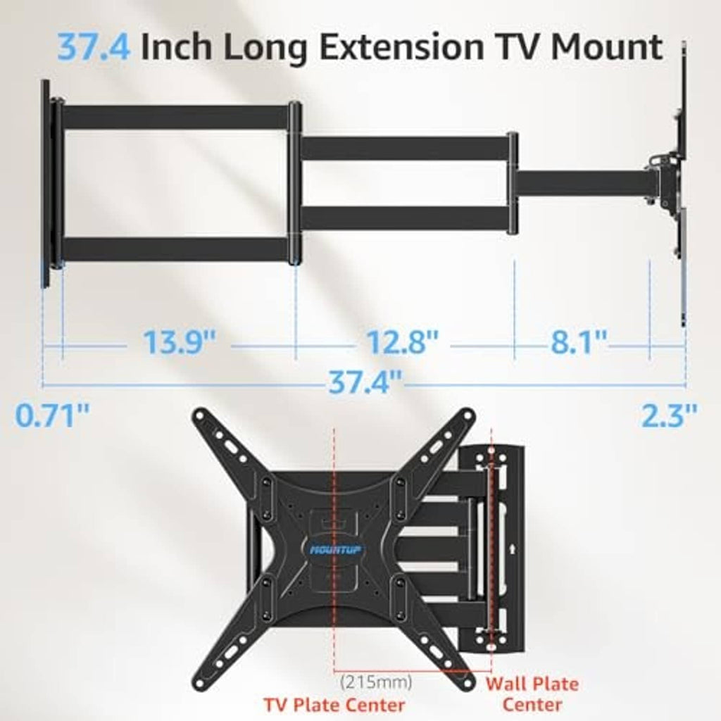 Long-arm TV wall mount with measurement layout and VESA center reference