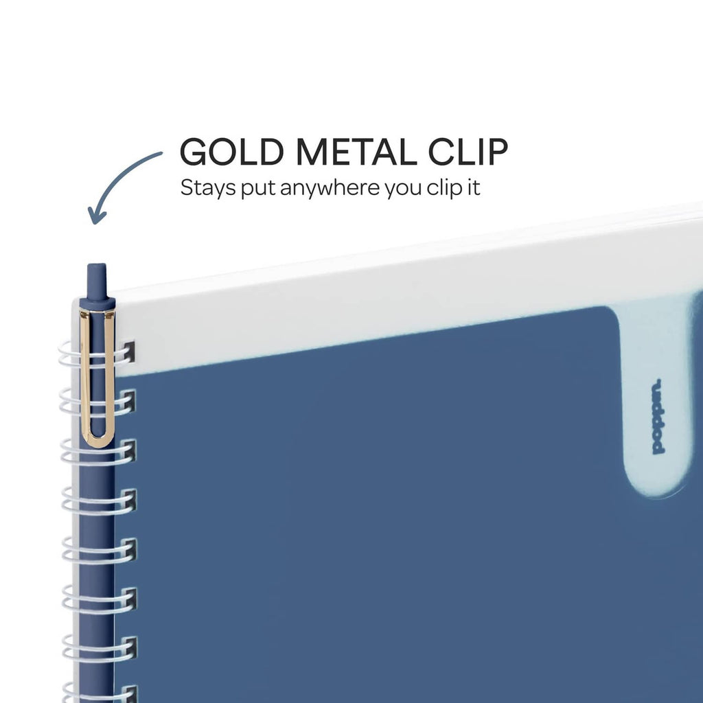 Blue retractable gel pen with gold metal clip, stays put when clipped