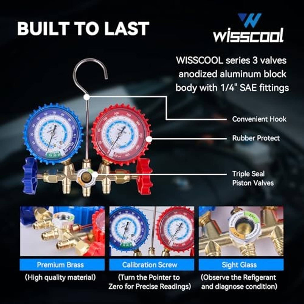 Wisscool 3-valve HVAC manifold gauge set with blue and red pressure dials and hook
