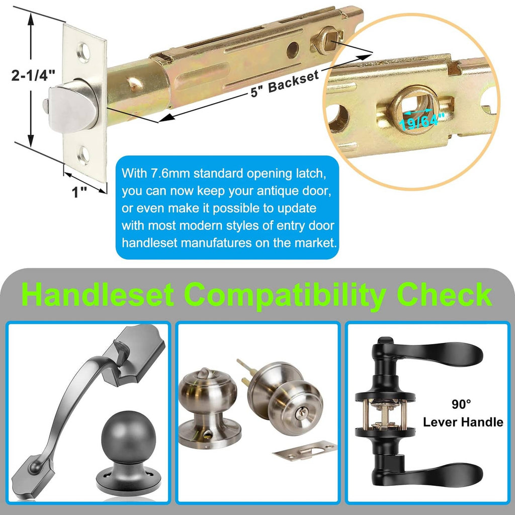 Keyed door latch diagram showing 5-inch backset and standard opening latch