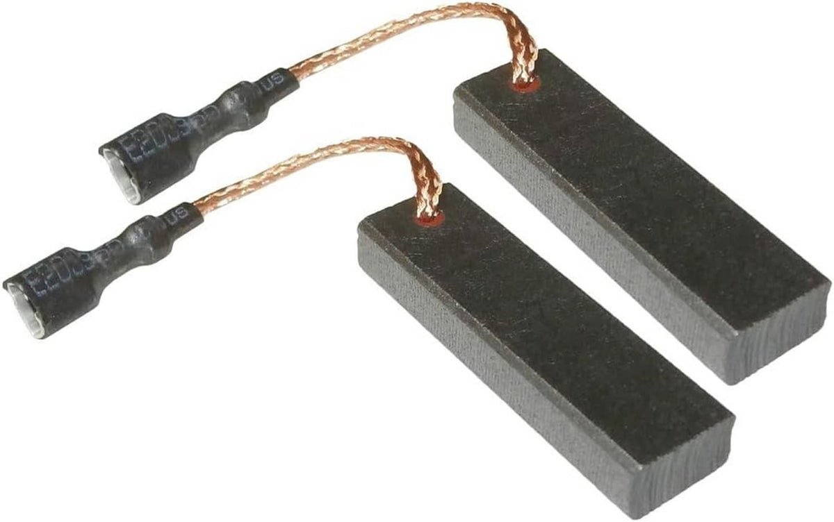 Air compressor carbon brushes, three dark brush blocks with attached copper wiring