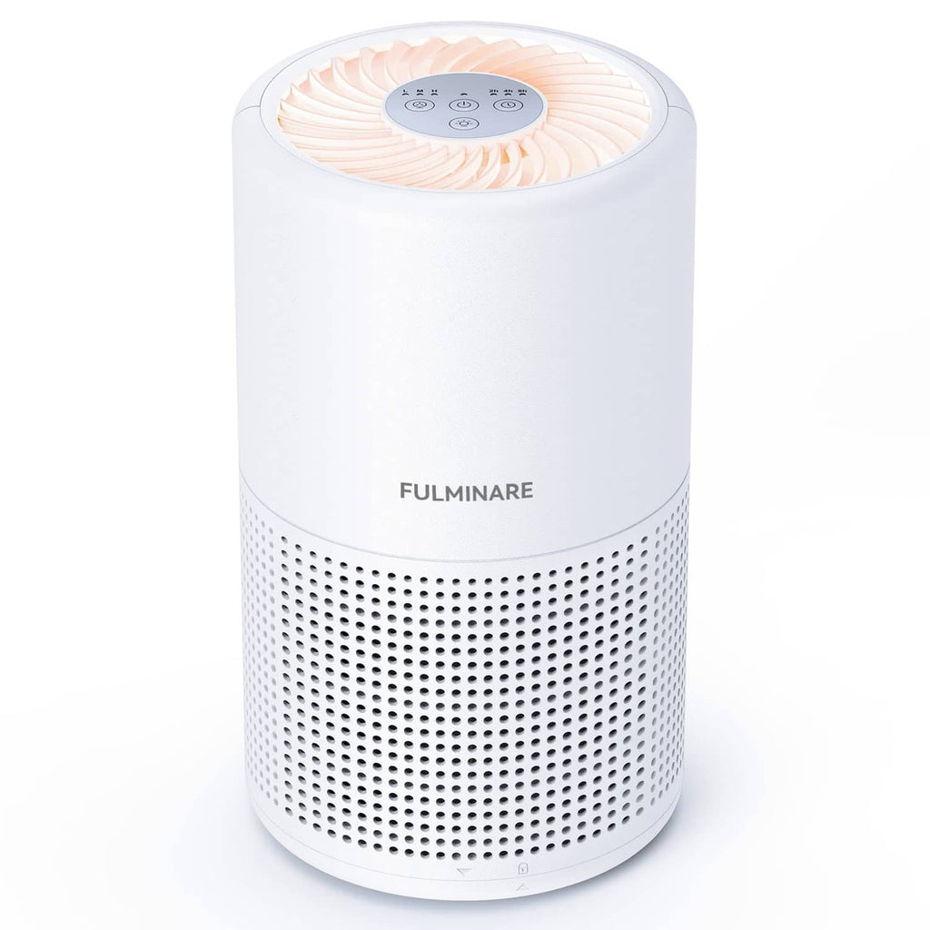 White cylindrical air purifier with perforated grille and FULMINARE control panel on top