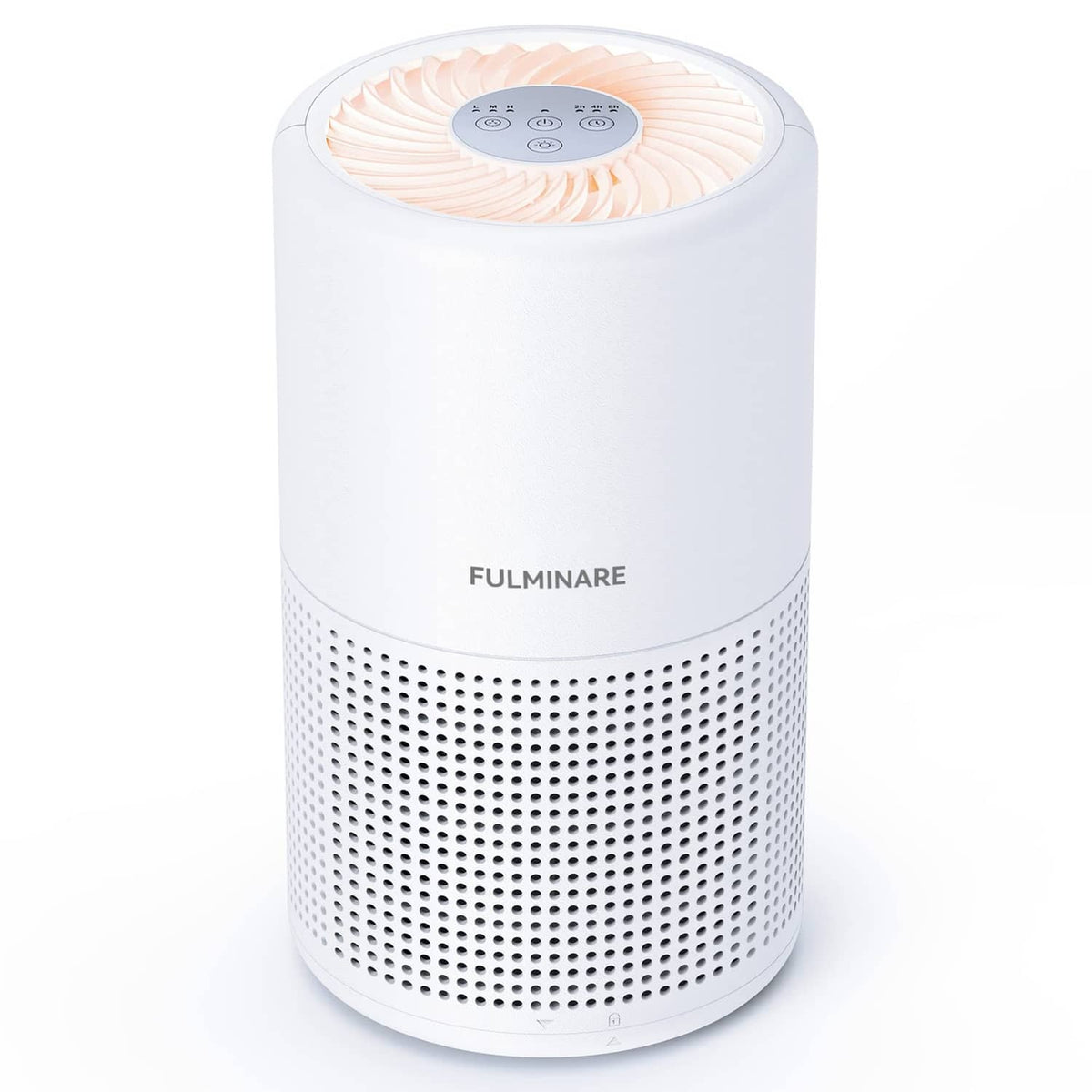White cylindrical air purifier with perforated grille and FULMINARE control panel on top