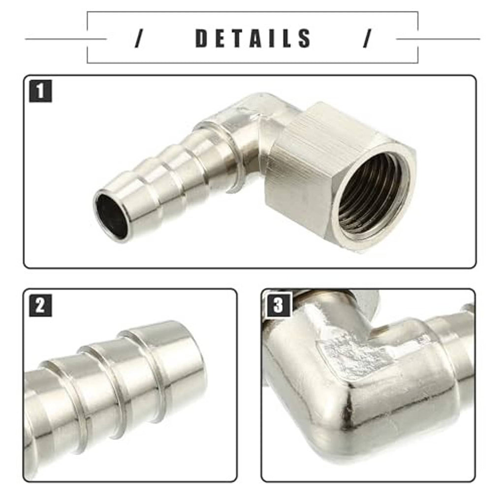90-degree metal hose fitting adapter close-up showing threaded hex and barbed hose connection