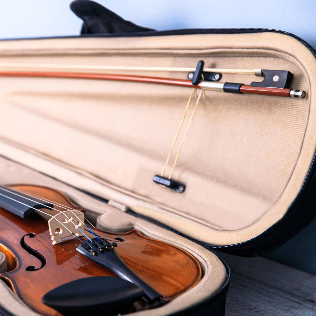 Black ABS violin case bow holder on case lining near bow storage