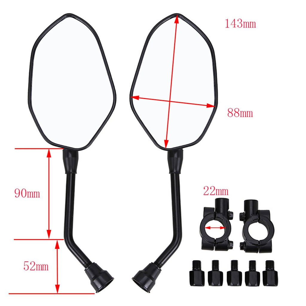 ATV side mirrors with size diagram and mounting clamps, black finish
