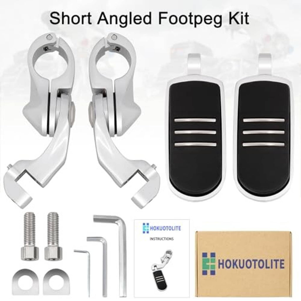 Short angled foot peg kit: two black rubber pegs, chrome mounts, hardware, HOKUOTOLITE