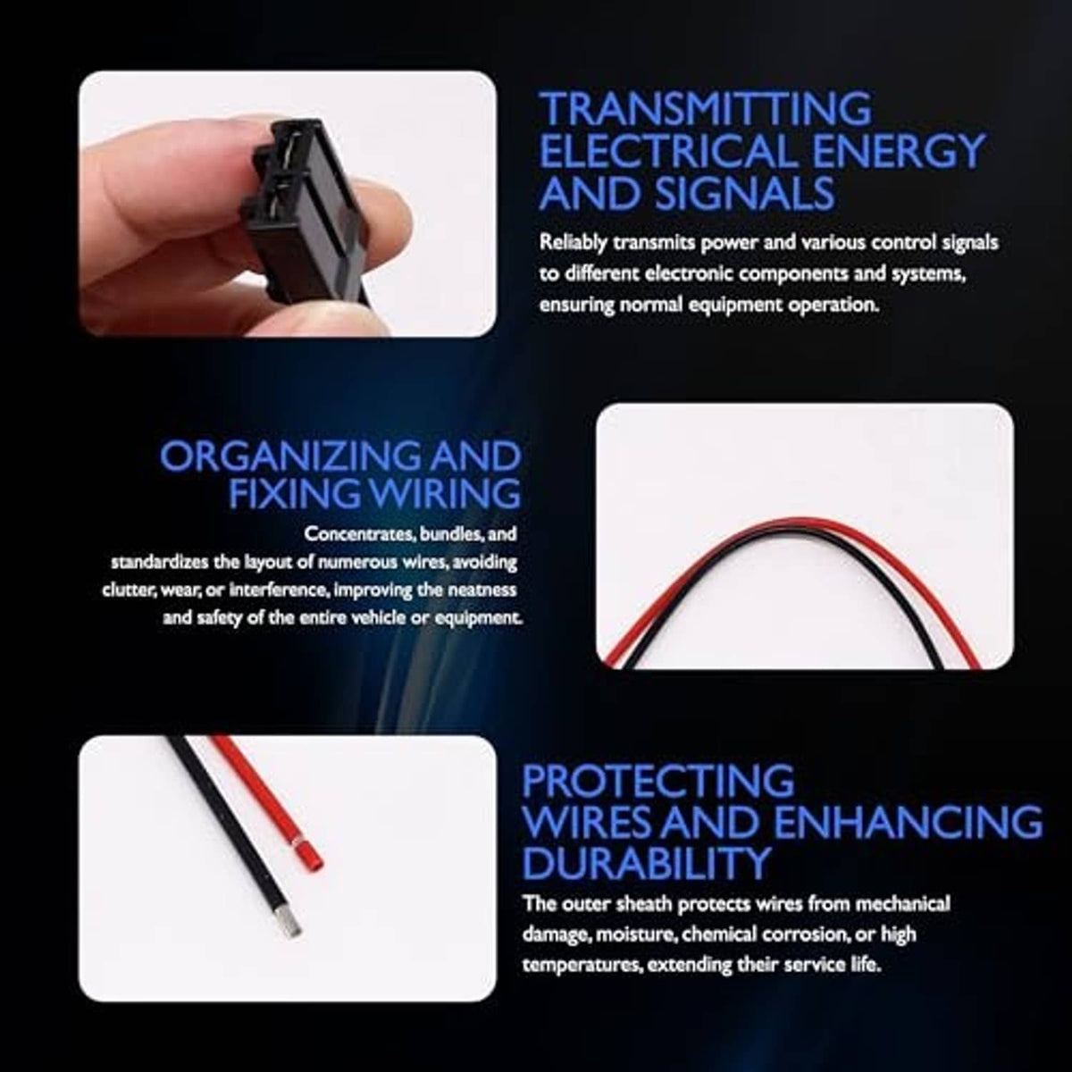 Wiring harness with red and black leads and rectangular connector plug