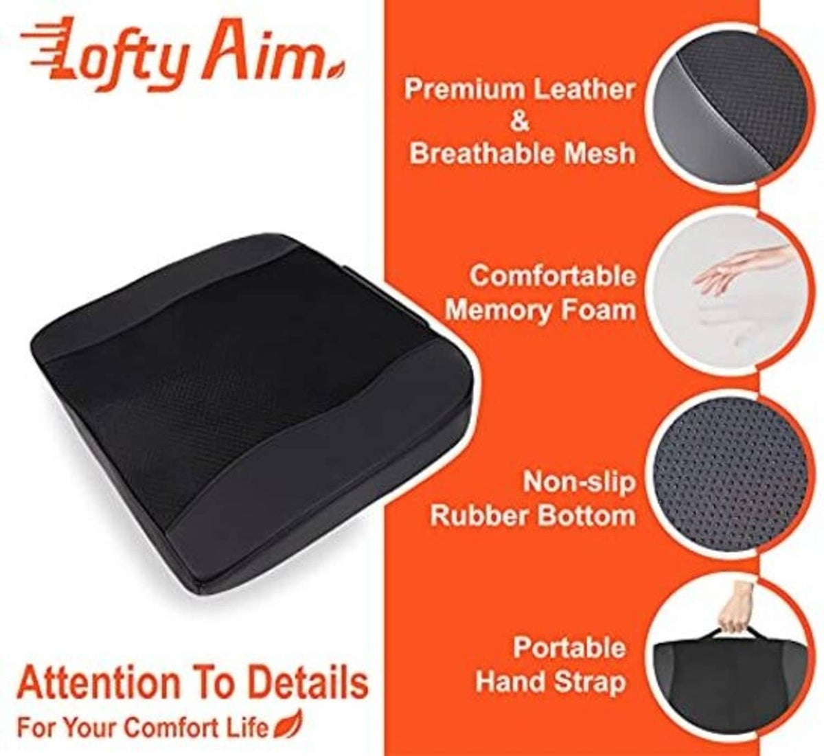 Black memory foam cushion with breathable mesh surface and non-slip rubber base