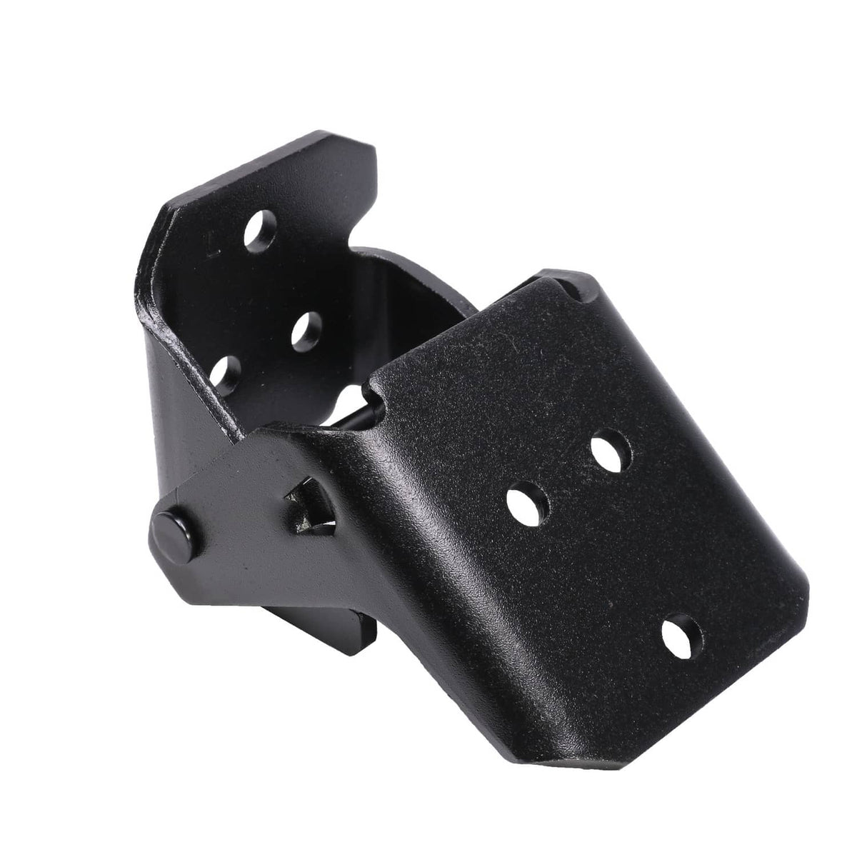 Black door hinge bracket with mounting holes and pivot base, driver side upper/lower