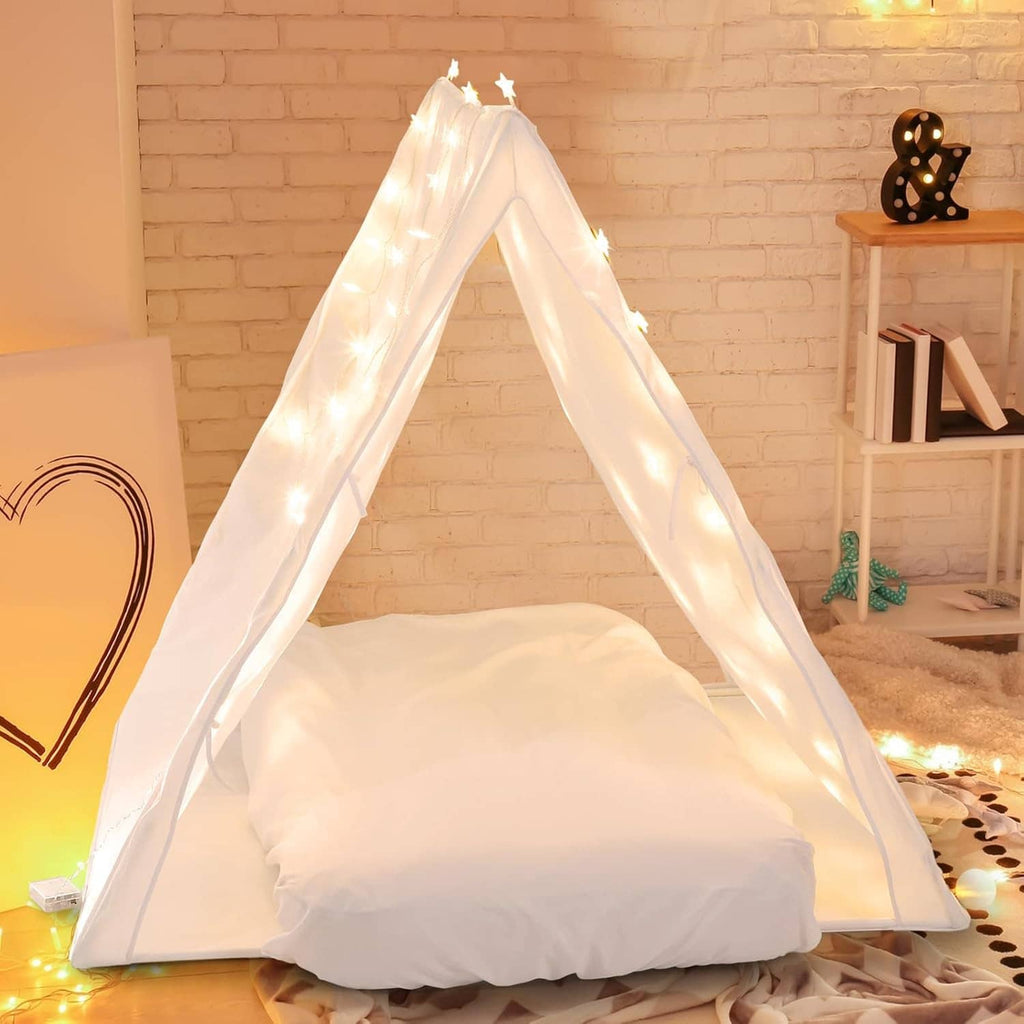 White kids teepee sleep tent with glowing string lights and padded inflatable airbed