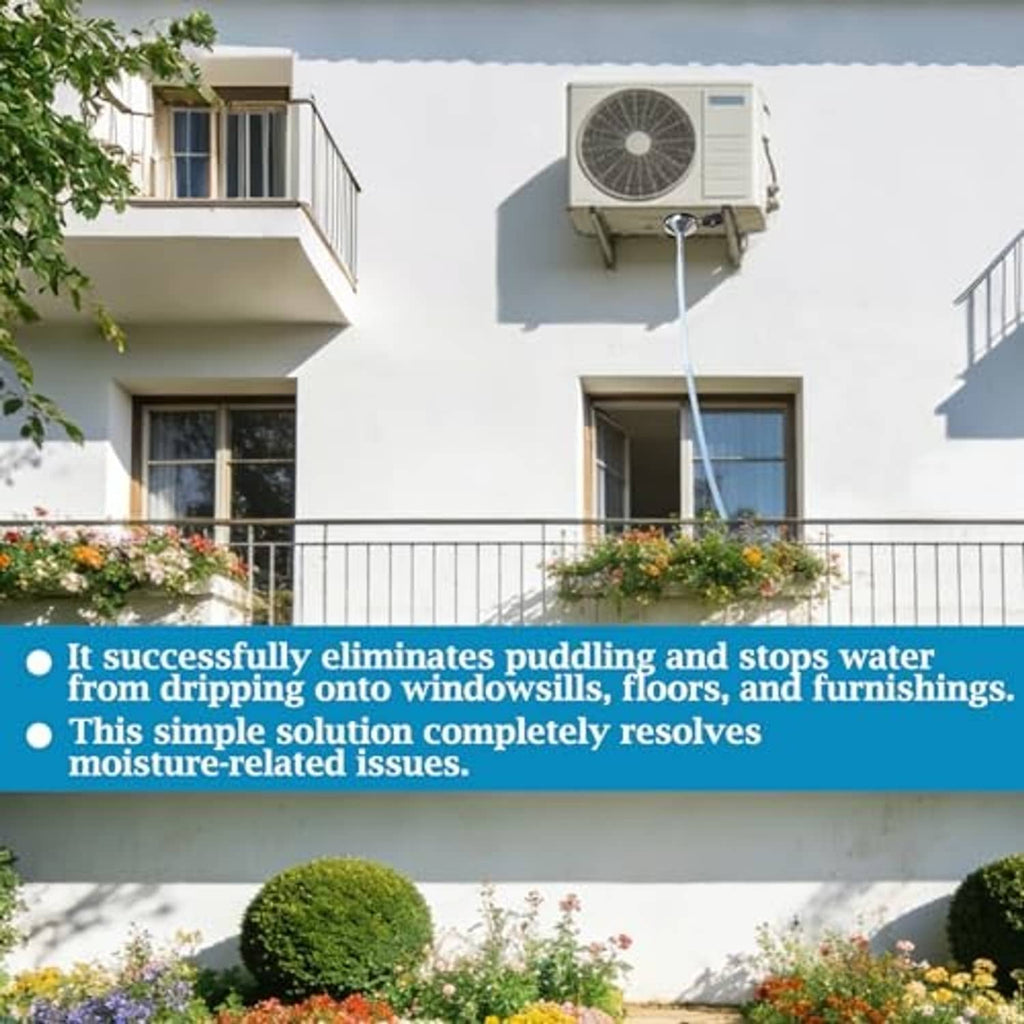 Window air conditioner condensate drain with metal funnel and white hose running downward