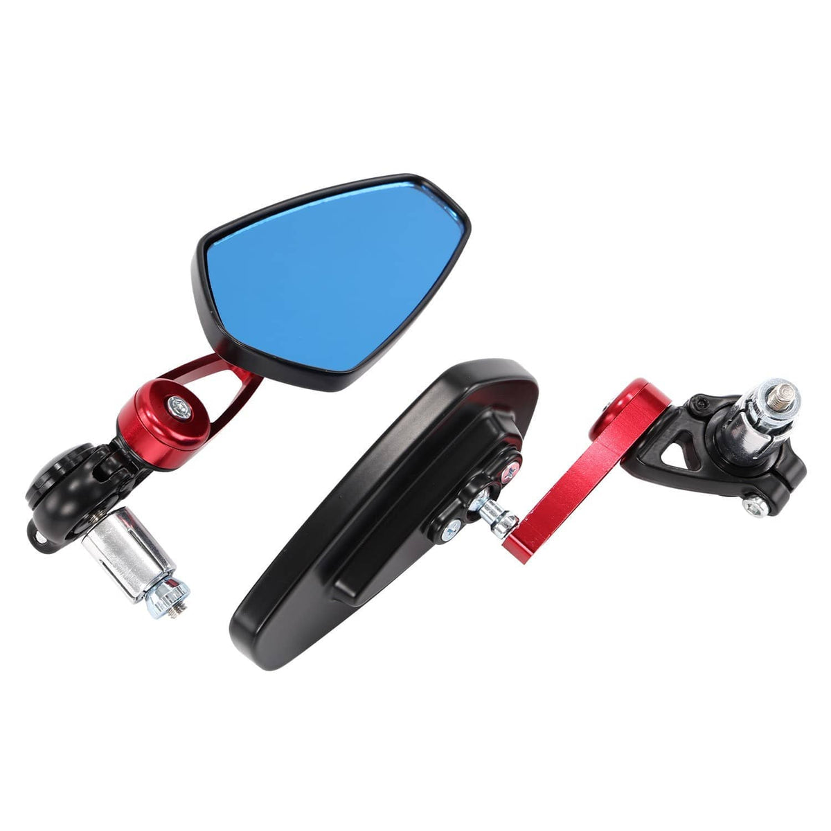 Set of handlebar-end mirrors: blue lens mirrors with red mounts and black hardware