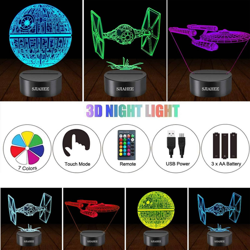 3D LED night light base with three glowing patterns in blue, green, and purple
